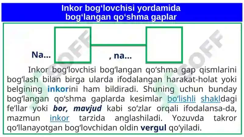 Inkor bog‘lovchisiyordamida bog‘langan qo‘shma gaplar 5