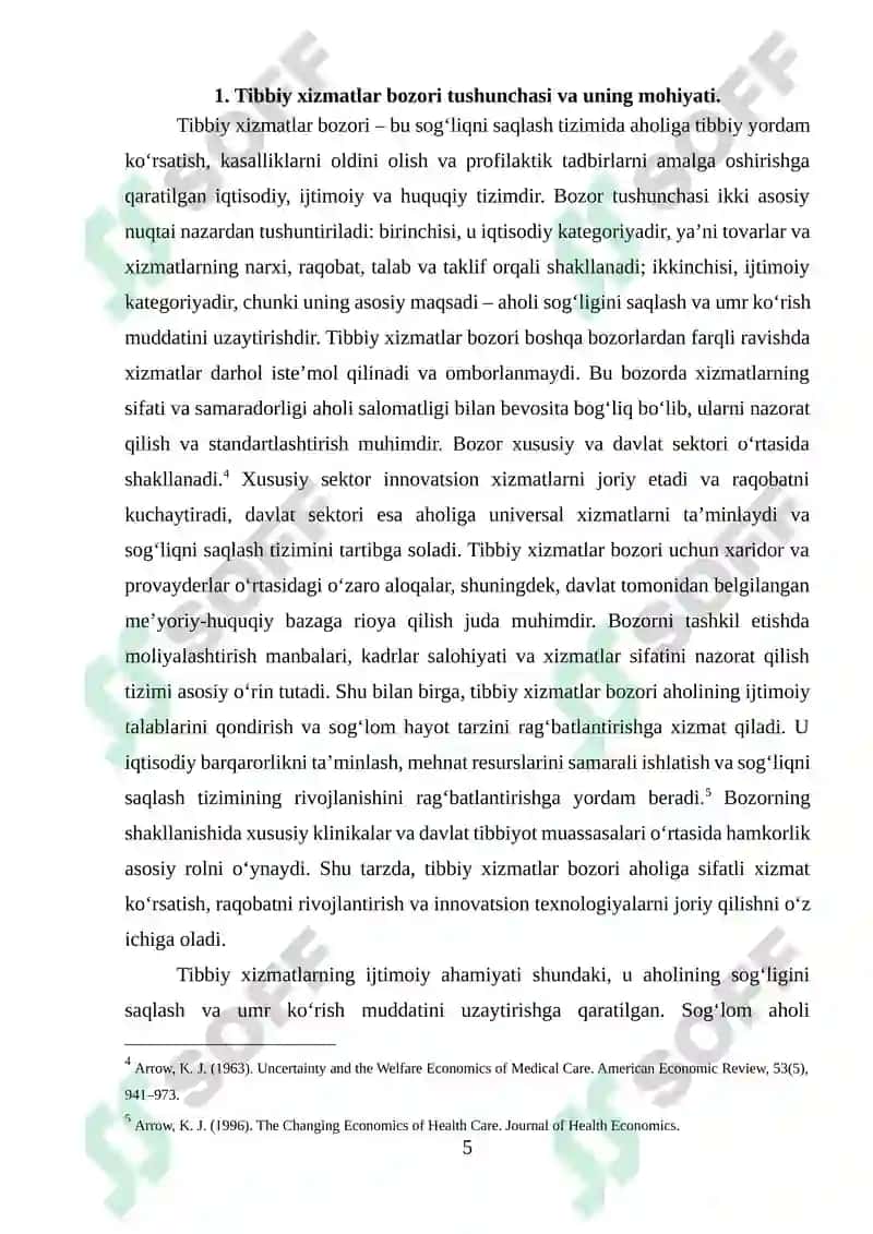 TIBBIY XIZMATLAR BOZORINI TASHKIL ETILISHI VA RIVOJLANISHI  KURS ISHI 5