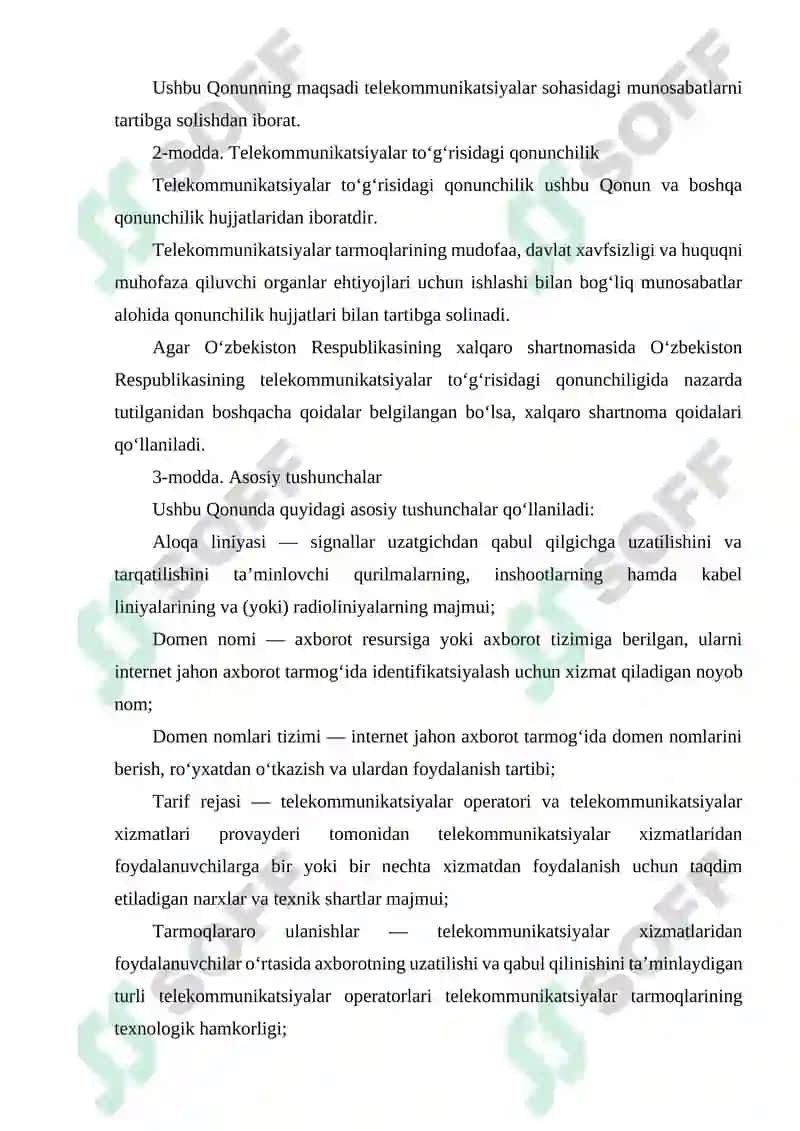 O‘ZRDA AXBOROTLASHTIRISH SOHASIDAGI ASOSIY QONUNLAR. TELEKOMMUNIKATSIYALAR TO‘G‘RISIDA QONUN. OPTIK ALOQA TIZIMLARINING TELEKOMMUNIKATSIYA TARMOQLARIDAGI O‘RNI VA AFZALLIKLARI. 5