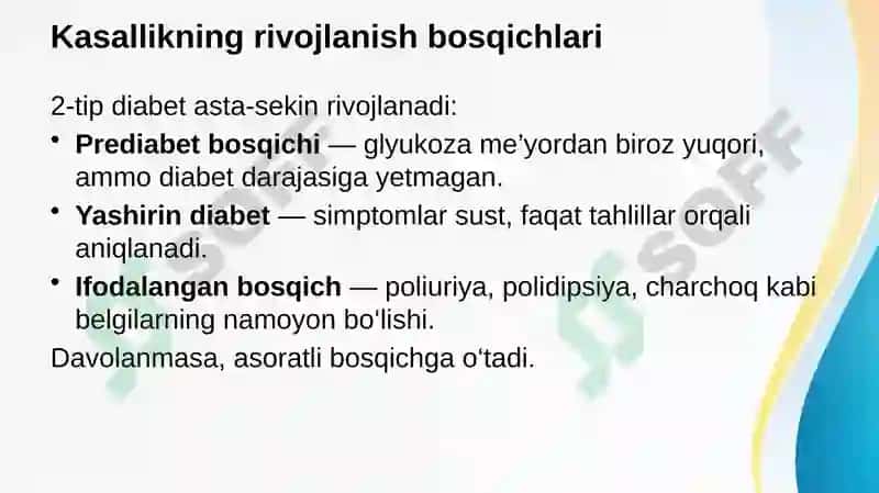 Qandli diabet. Kasallik simptomatikasi va tekshiruv usullari 5