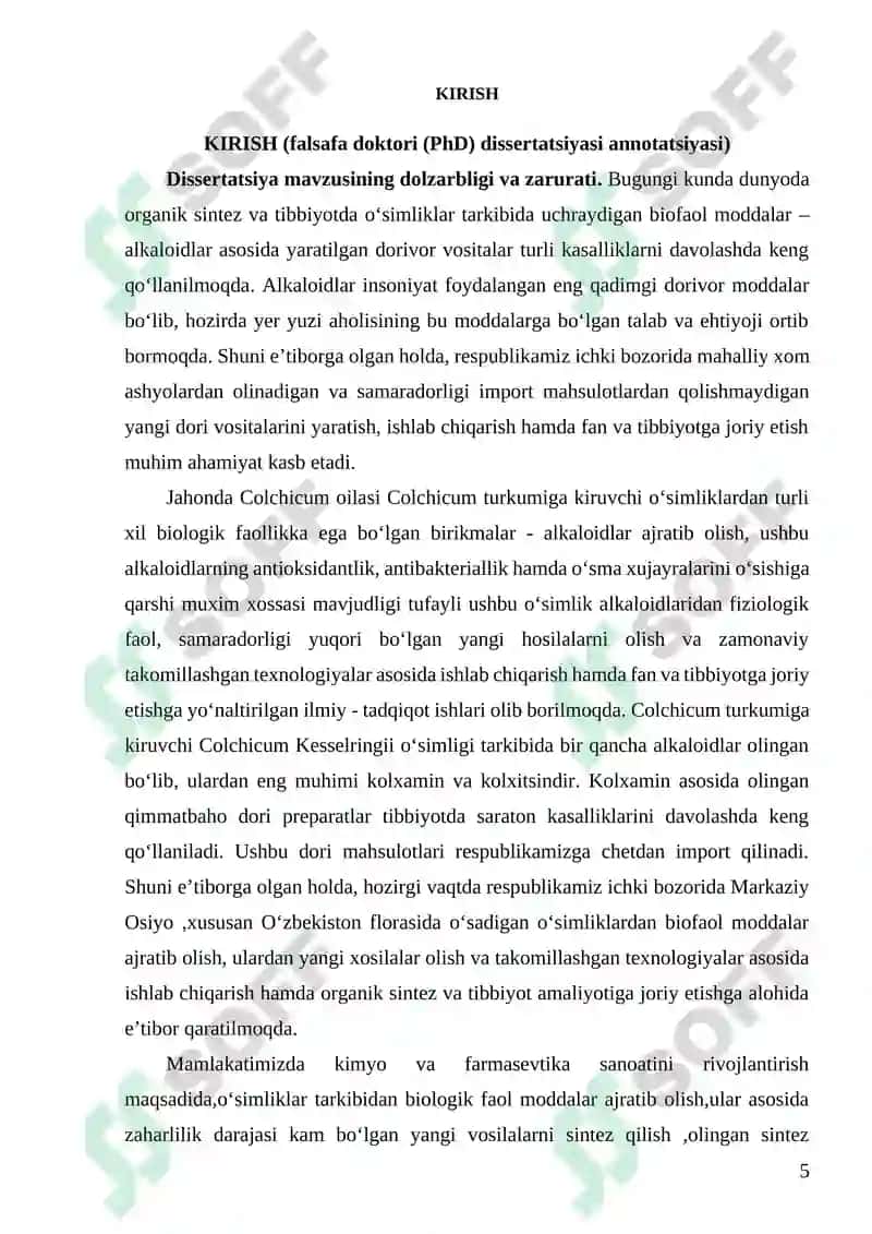 COLCHICUM KESSELRINGII O‘SIMLIGI TARKIBIDAN KOLXAMINNI AJRATIB OLISH TEXNOLOGIYASINI TAKOMILLASHTIRISH VA UNING HOSILALARI SINTEZI 5
