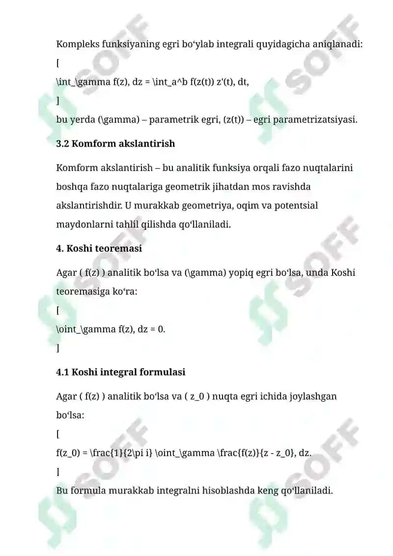 KOMPLEKS O‘ZGARMUVCHAN FUNKSIYALAR, ULARNING INTEGRALLARI VA KOSHI TEOREMASI 5