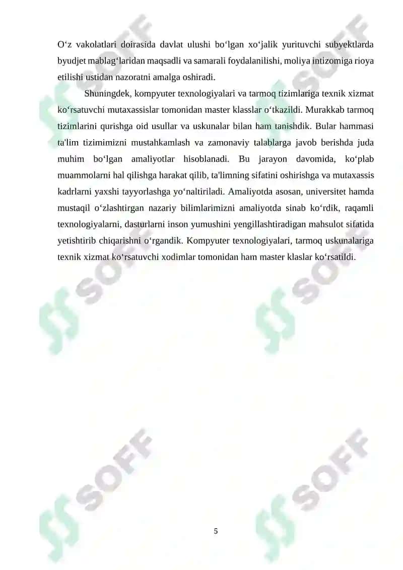 Ishlab chiqarish amaliyoti bo’yicha hisobot 5