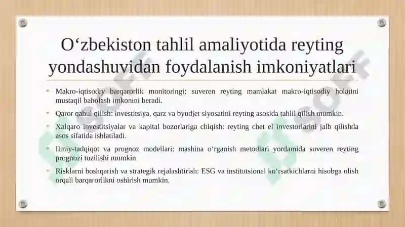 Moliyaviy holatni reyting baholash bo‘yicha xalqaro tajribalar va ulardan mamlakatimiz tahlil amaliyotida foydalanish imkoniyatlari. 5