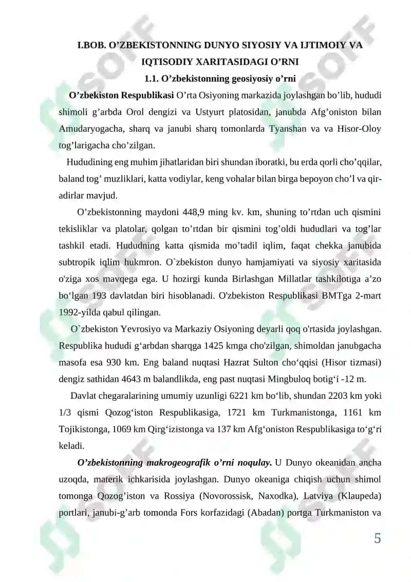 O’zbekistonning dunyo siyosiy xaritasida tutgan o’rni va roli kurs ishi 5