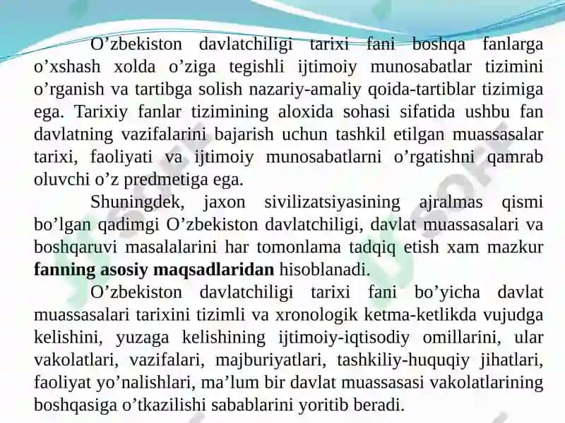 O’zbekiston davlat chiqarilgan tarix fanining ma’ruza mavzulari 5