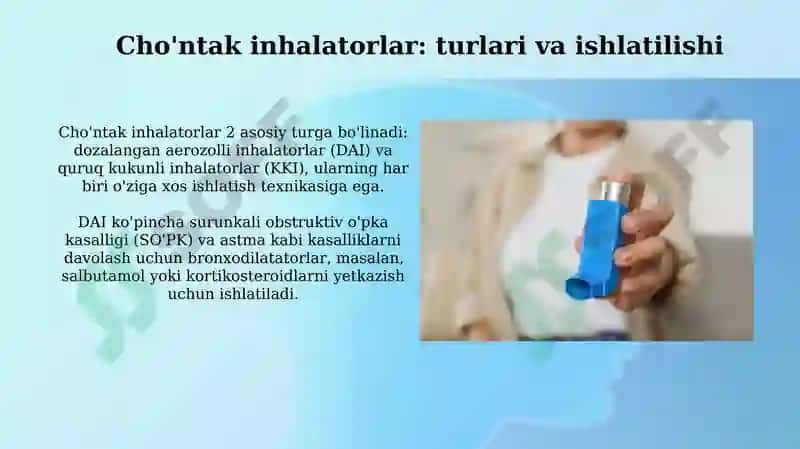 Nafas olish kasalliklari Cho'ntak ingalyatoridan foydalanish Balg'am yig'ish Tufdon dezinfeksiyasi 5