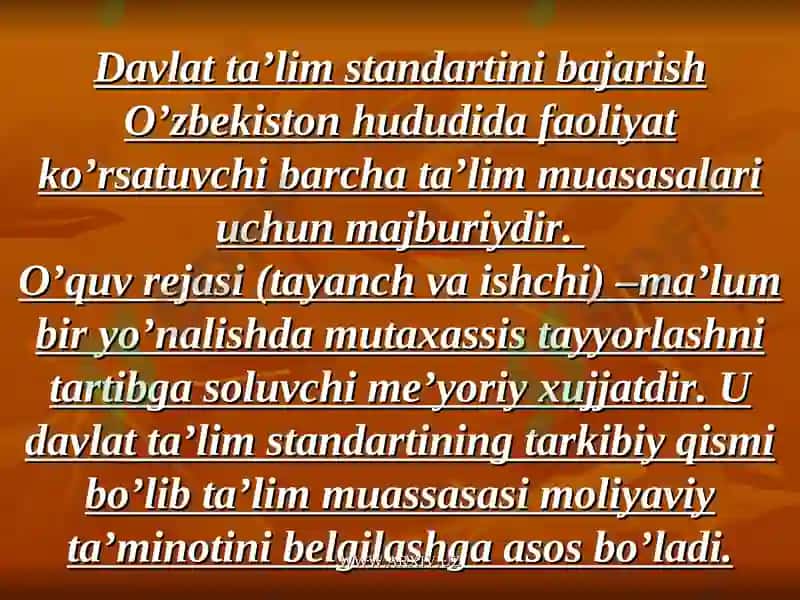 Davlat ta’lim standartlari o’quv reja, o’quv dasturining mohiyati va mazmunida tayyorlagan 5