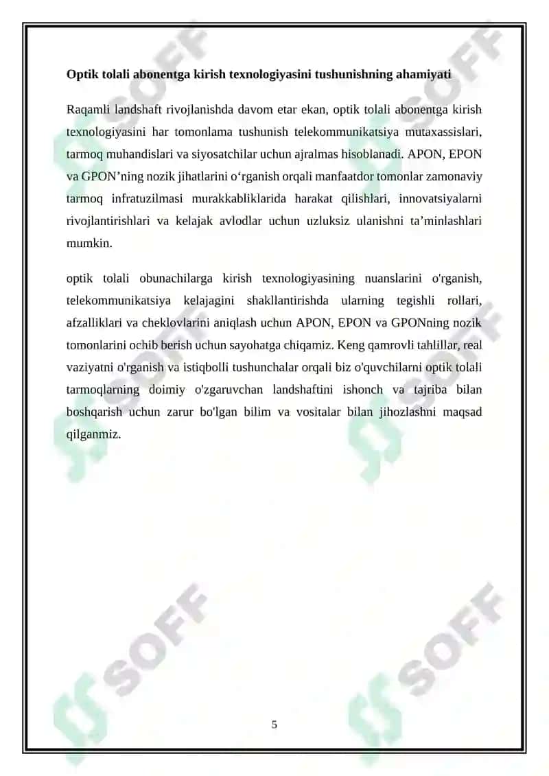 Tolali optik aloqa abonent kirish texnologiyasi 5