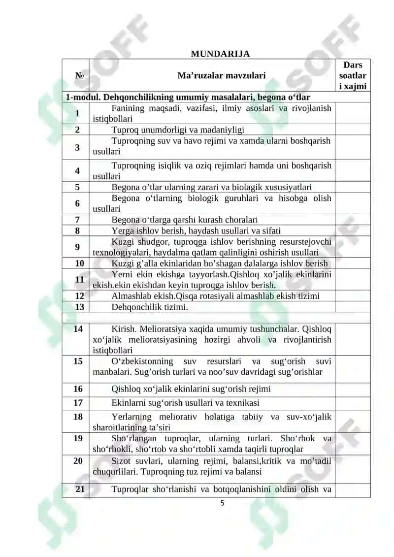 “DEHQONCHILIK VA MELIORATSIYA” fani bo‘yicha o‘quv–uslubiy majmua 5