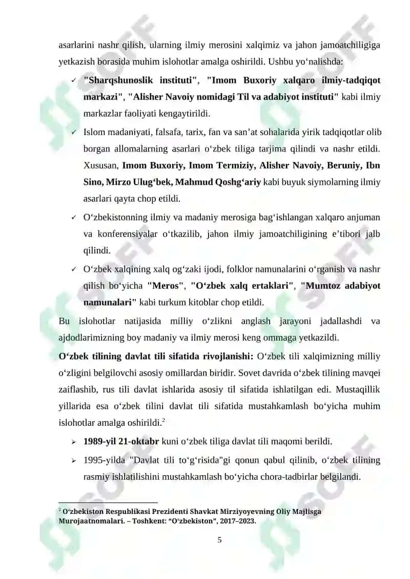 Mustaqillik yillarida ajdodlar merosi va milliy qadriyatlarni tiklash borasidagi amalga oshirilgan islohotlar 5