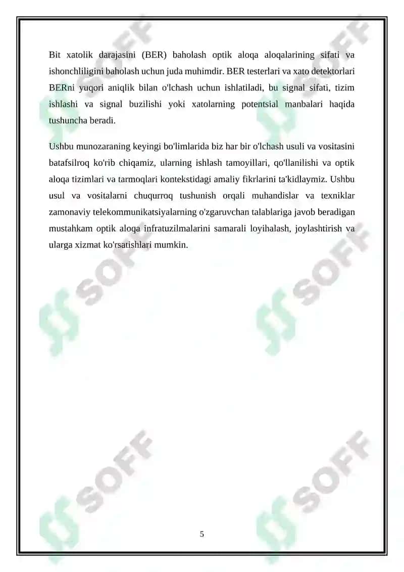 Optik aloqa tizimlari va tarmoqlarda oʻlchash usullari va vositalari 5