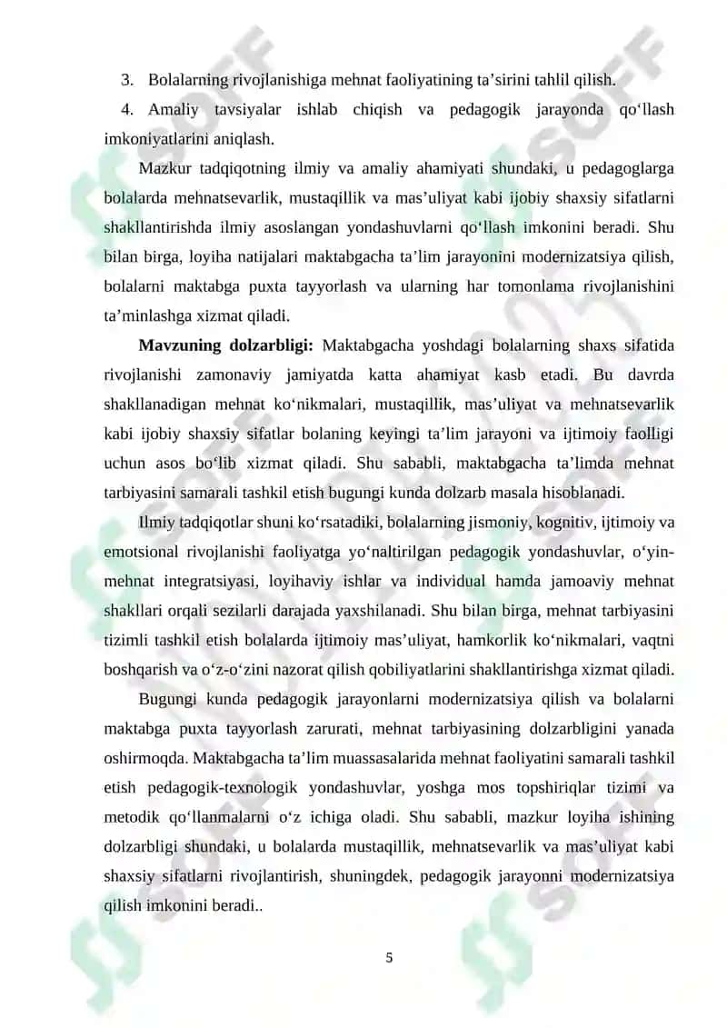 Maktabgacha ta`lim tashkilotlarida ta`lim-tarbiya jarayonini tashkil etishda mehnat tarbiyasining o`rni 5