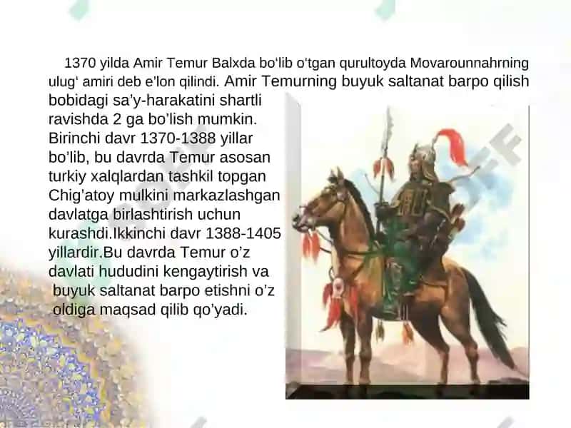 AMIR TEMUR BUYK SARKARDA VA DAVLAT ARBOBI AMIR TEMUR DAVLATINING TASHKIL TOPISHI 5