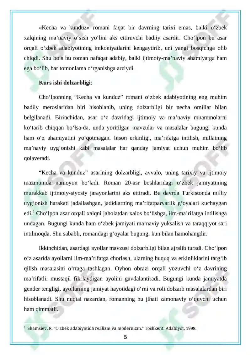 Oʻzbek adabiyoti tarixi fanidan «Choʻlponning «Kecha va kunduz» asari tahlili» 5