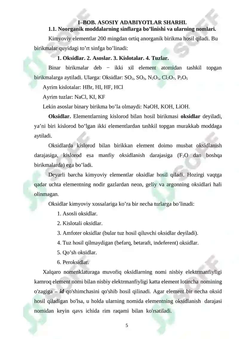 Noorganik moddalarning sinflarga	bo‘linishi va ularning nomlarini o‘qitish metodikasi 5