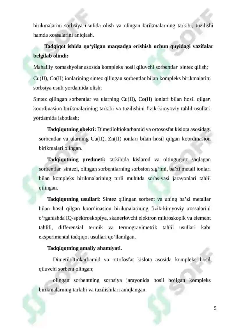 Tarkibida oltingugurt va azot bo`lgan sorbentlar sintezi va ularning qo`llanilishi 5