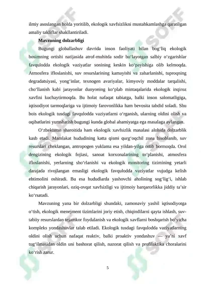 EKOLOGIK TUSDAGI FAVQULODDA VAZIYATLAR VA ULARNING OLDINI OLISH CHORALARI. 5