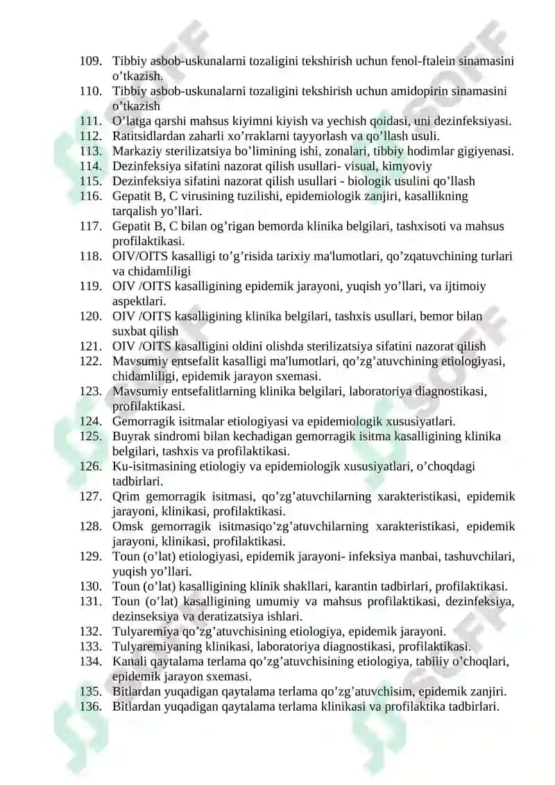 Tibbiy profilaktika ishi (Epidemiolog vrach yordamchilari uchun) mutaxassisligi bo'yicha shakllantirilgan og’zaki savollar ro'yxati 5