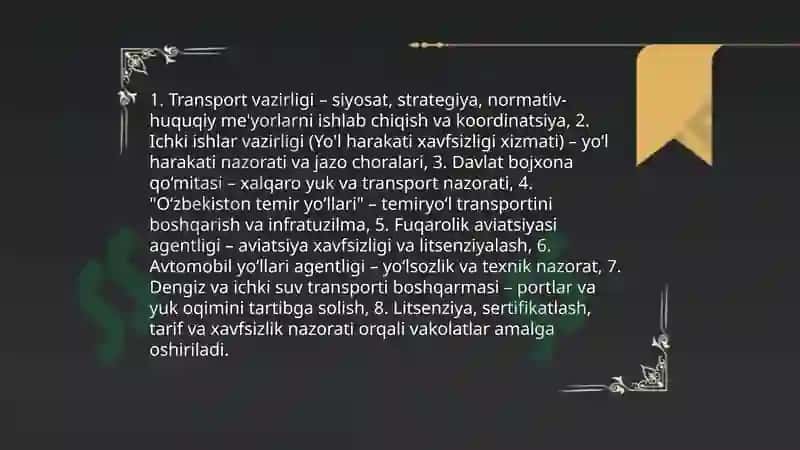 O‘zbekistonda transport xizmatining qonuniy-huquqiy asoslari 5
