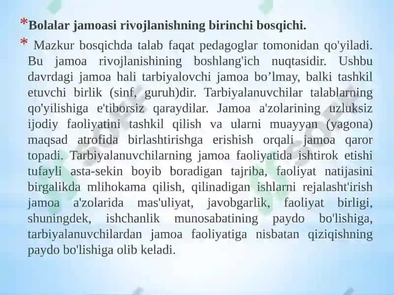 Jamoa tarbiya ob’yekti va sub’ekti sifatida.Tarbiyaningumumiymetodlari.Fuqarolik tarbiyasi. Mafkuraviy tarbiya 5