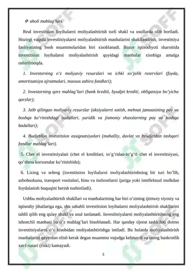 Investitsiya faoliyatini moliyalashtirish manbalari va usullari 5