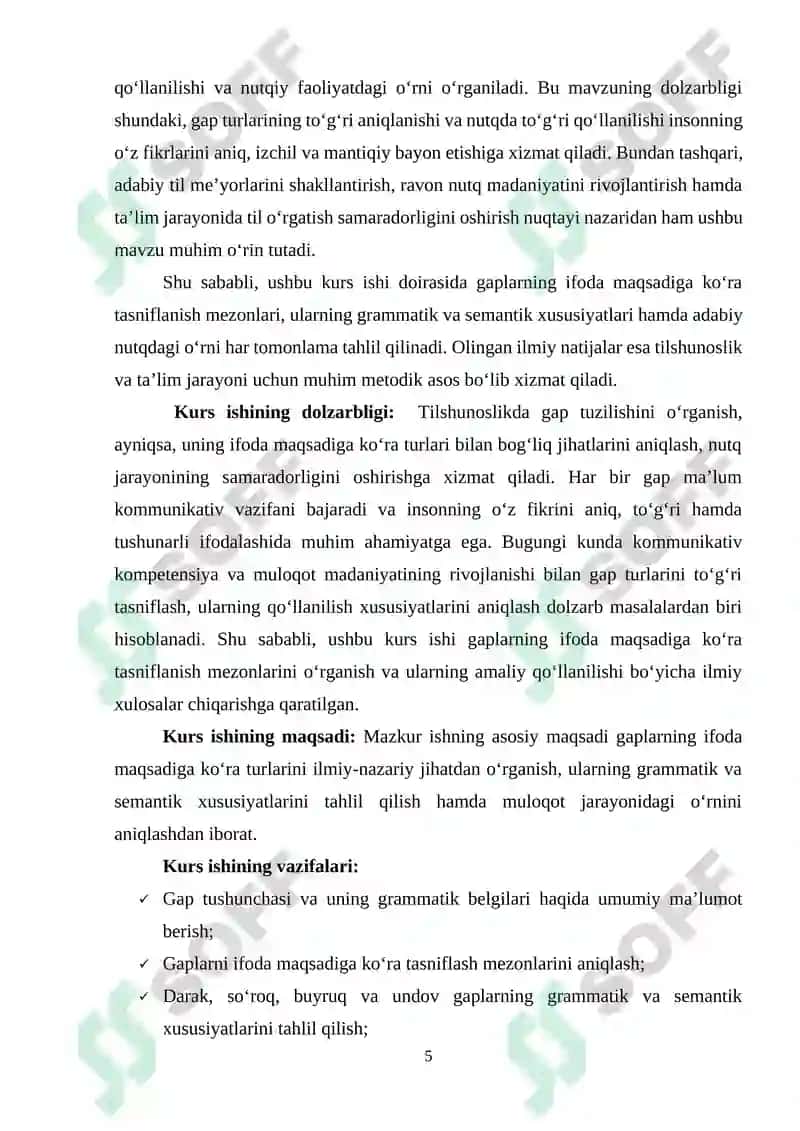 GAPNING IFODA MAQSADIGA KOʻRA TURLARI KURS ISHI 5