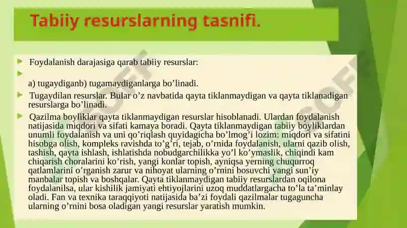 Tabiiy resurslarning tasnifi, konsepsiyalari va tamoyillari 5