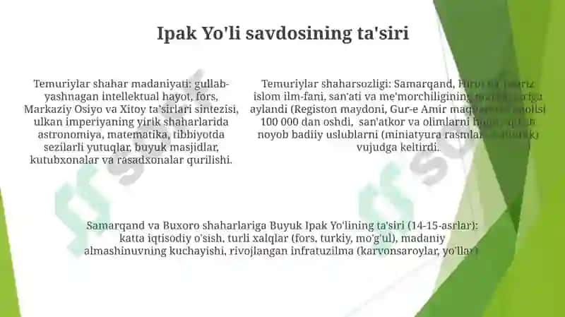AMIR TEMUR VA TEMURIYLAR DAVRIDA SHAHAR MADANIYATINING O'ZGA XOS XUSUSIYATLARI 5