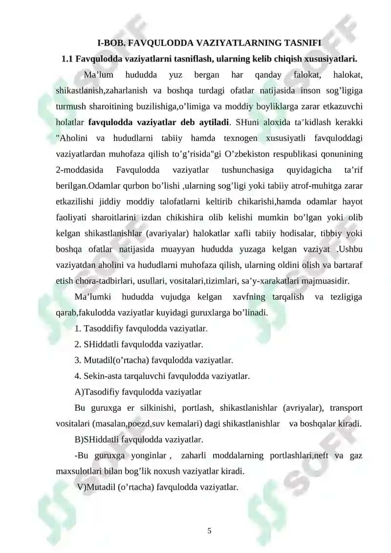 FAVQULODDA VAZIYATLARNING TASNIFI, TAVSIFI VA ULARNING XUSUSIYATLARI. 5