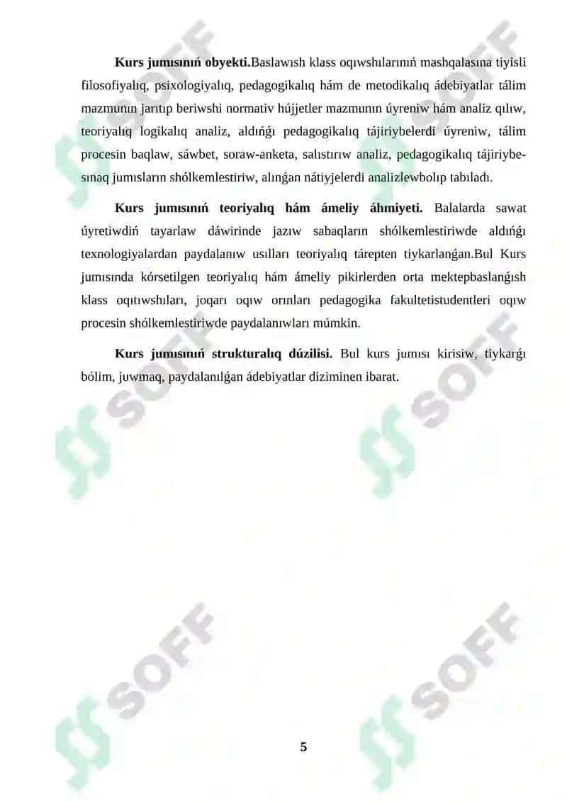 Álipbe dáwirinde oqıwshılardıń sóylewin ósiriw kurs jumısı 5