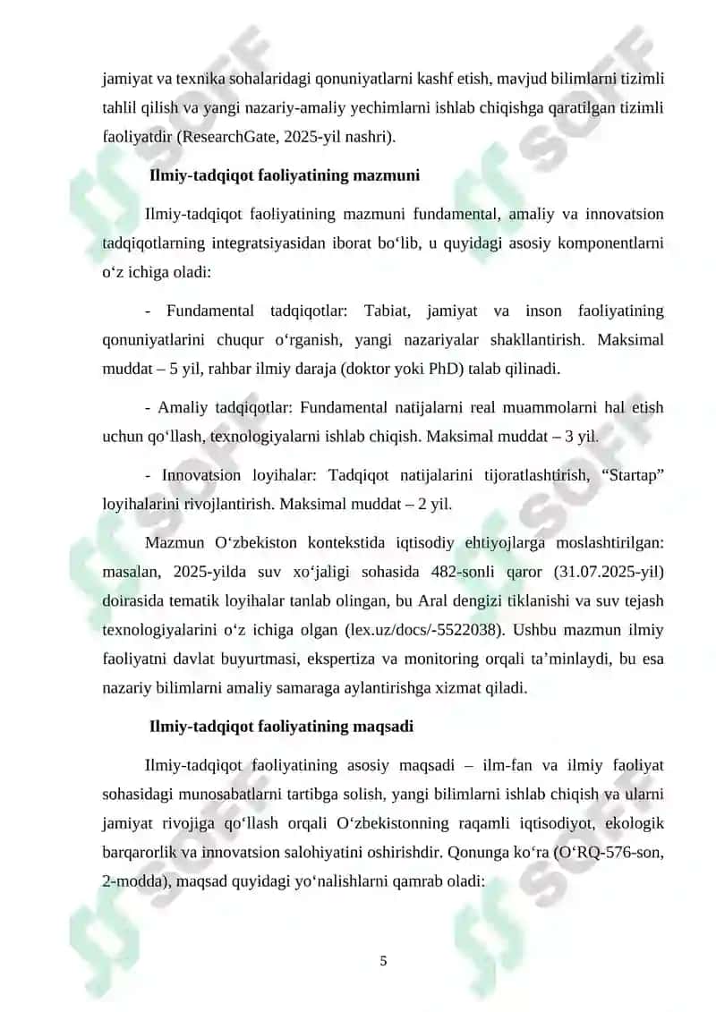 MAVZU: “O’zbekiston Respublikasida ilmiy-tadqiqot ishlarini tashkil etish .” 5