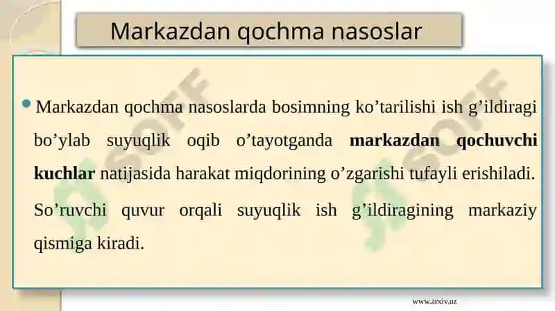 NASOSLAR VA ULARNING TASNIFI. DINAMIK NASOSLAR. PARRAKLI NASOSLARNING TUZILISHI VA ISH PRINSTIPI 5