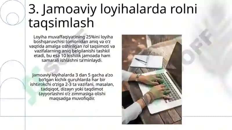 Juftlik,kichik guruhlar,jamoada o'quv loyihalarini tayyorlash 5