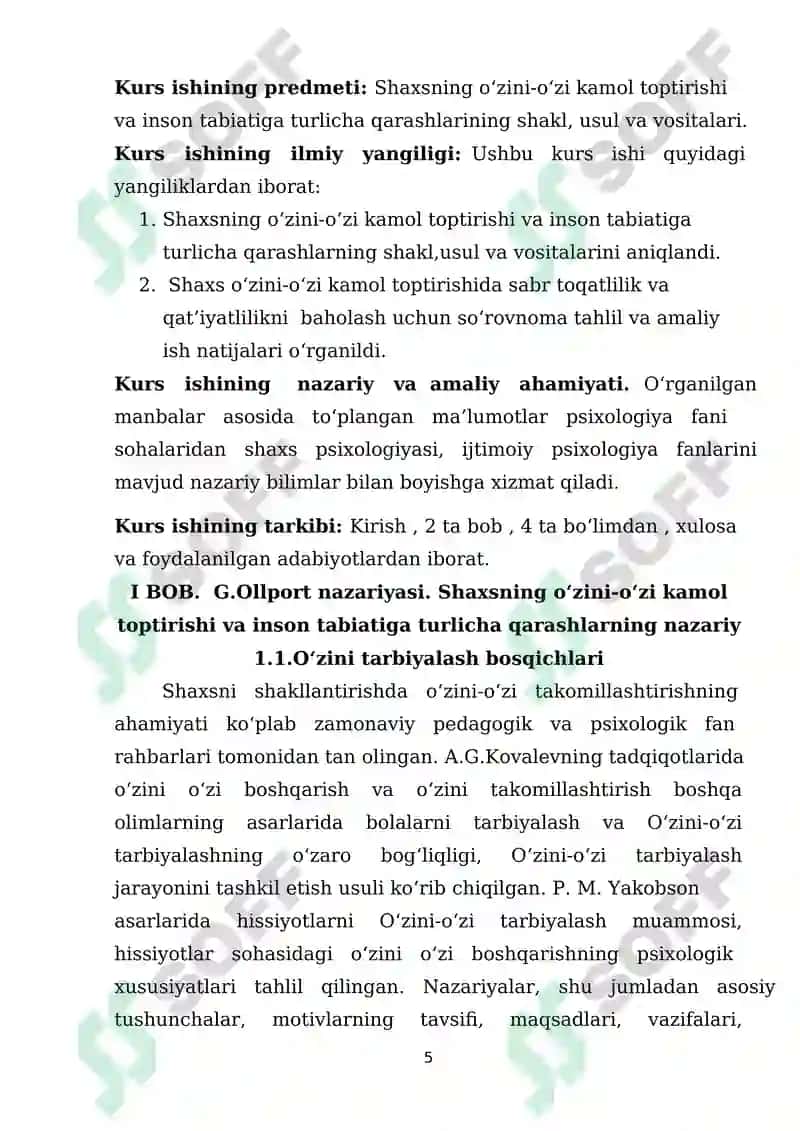 G. Ollport nazariyasi. O‘zini-o‘zi kamol toptirish qobiliyati. 5
