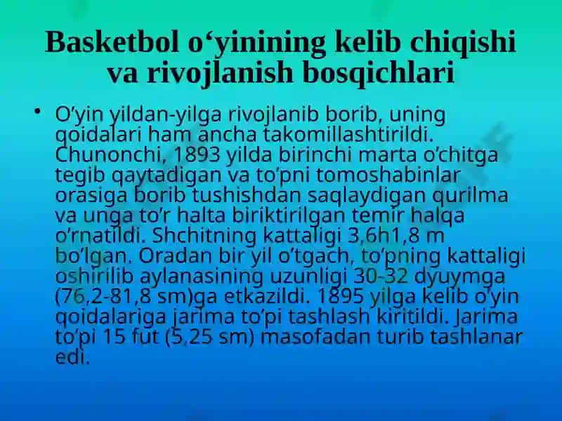 Basketbolo‘yinining kelib chiqishi va rivojlanish tarixi 5