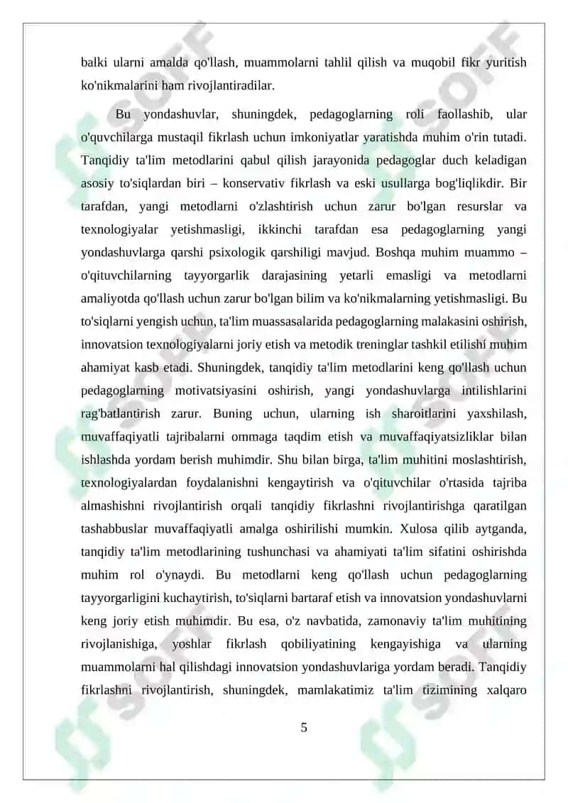 PEDAGOGLARNING TANQIDIY TALIM METODLARINI QABUL QILISH DARAJASI VA ULARGA BOʻLGAN TOʻSIQLAR 5