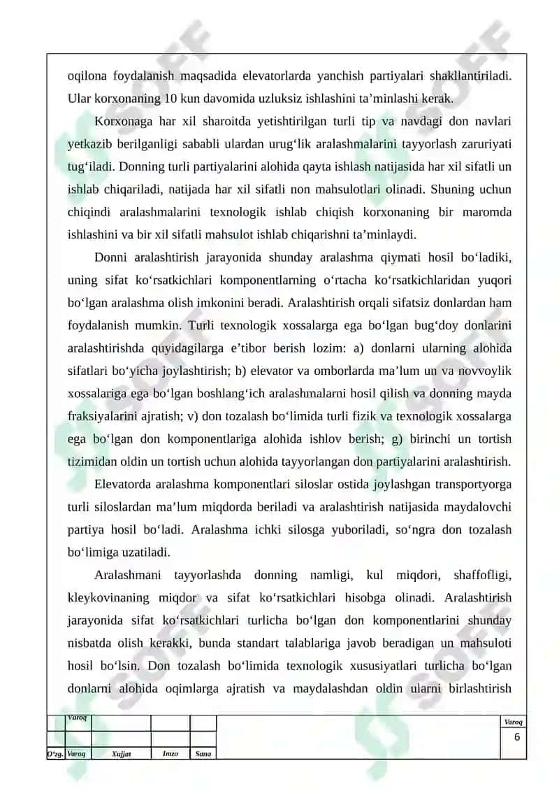 Tegirmonning quvvati 200t/kun bo‘lgan bir navli (oliy nav) 75% li un ishlab chiqarish tehnologiyasi.” 6