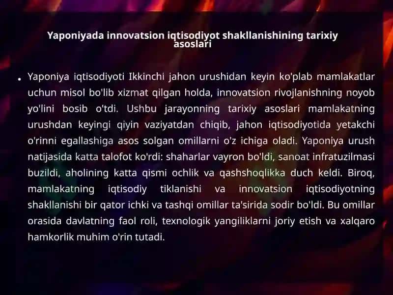 YAPONIYANING ZAMONAVIY IQTISODIY RIVOJLANISHIDA INNOVATSIYA VA ILMIY-TADQIQOT ISHLARINING RO’LI 6