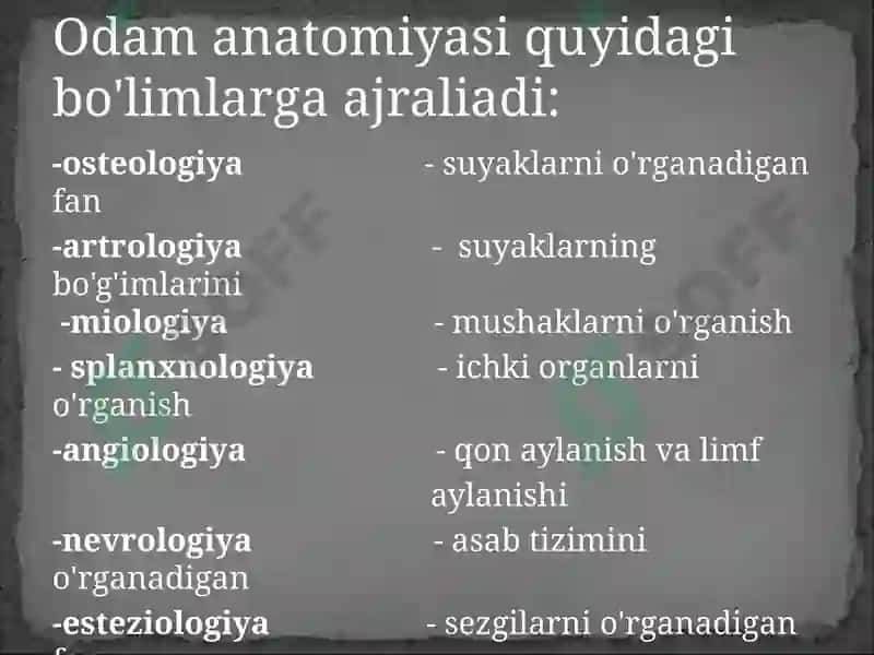 Kirish. Odam anatomiyasi fanining predmeti, maqsadi, vazifalari, o‘rganish usullari, biologiya fanlari  sistemasida tutgan o‘rni. Anatomiya fanining rivojlanish tarixi. Anatomiya tarmoqlari haqida tushuncha. 6