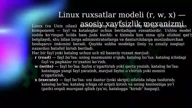 Linux OTda imtiyozlar turlari, xavfsizlik imkoniyatlari bilan tanishish. 6
