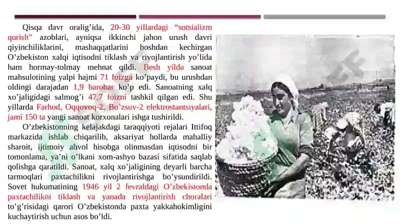 Ma’muriy-buyruqbozlik tuzumining kuchayishi va inqirozi davrida O’zbekiston (1946-1985 yy.) 6