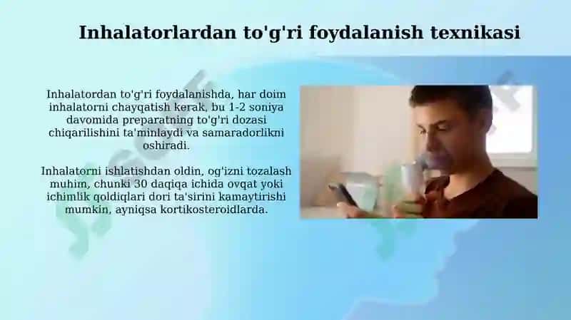 Nafas olish kasalliklari Cho'ntak ingalyatoridan foydalanish Balg'am yig'ish Tufdon dezinfeksiyasi 6
