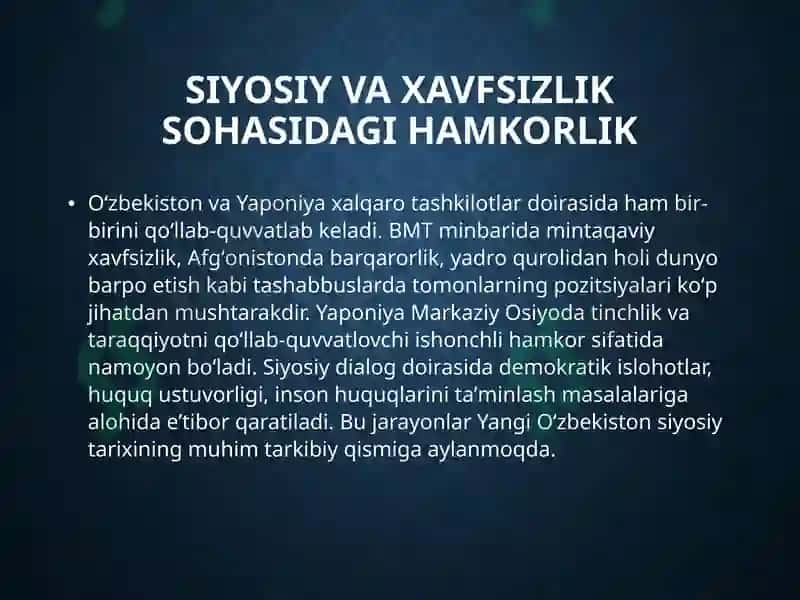 Yangi Oʻzbekiston va Yaponiya munosabatlari 6