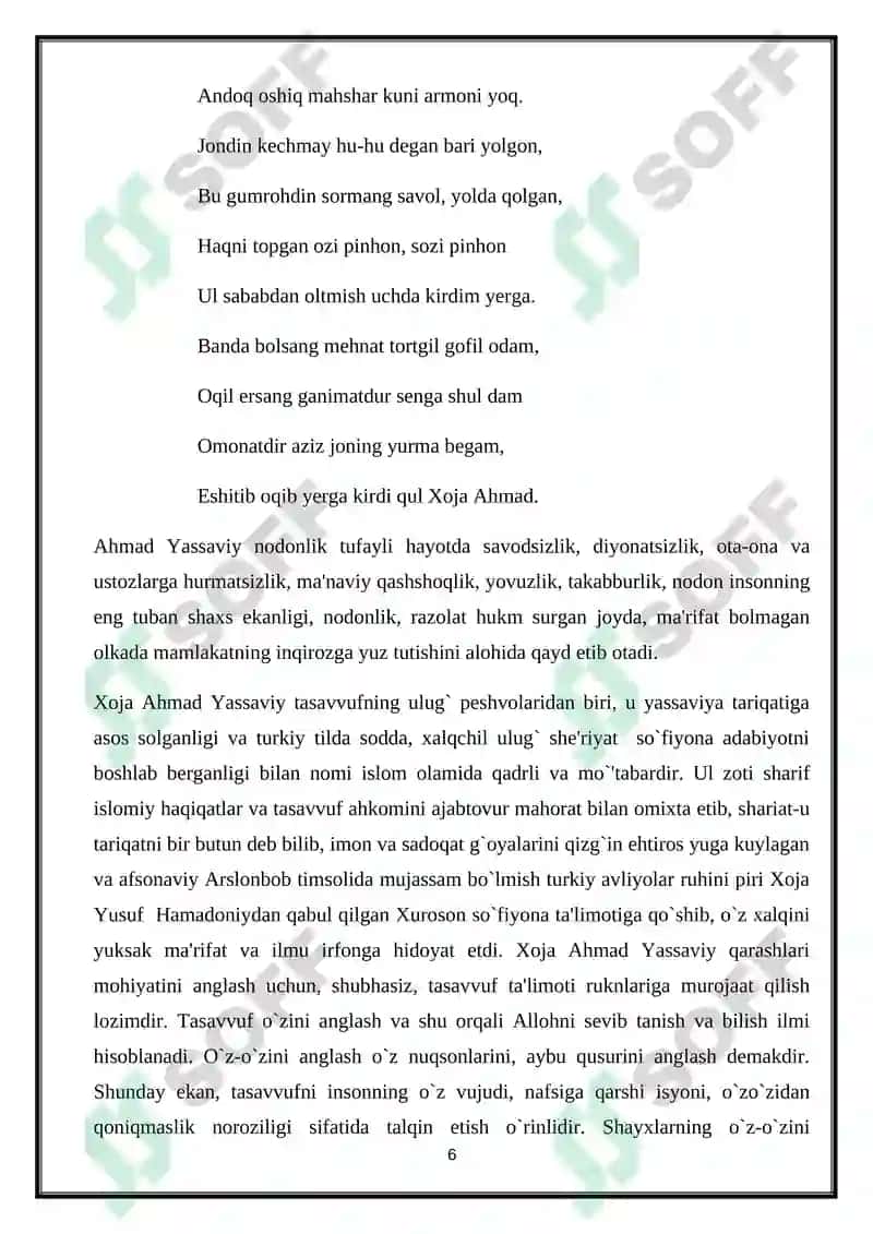 Ahmad Yassaviyning Devoni hikmatida nopoklik, nodonlik, dunyoparastlik kabi illatlarning qoralanishi 6
