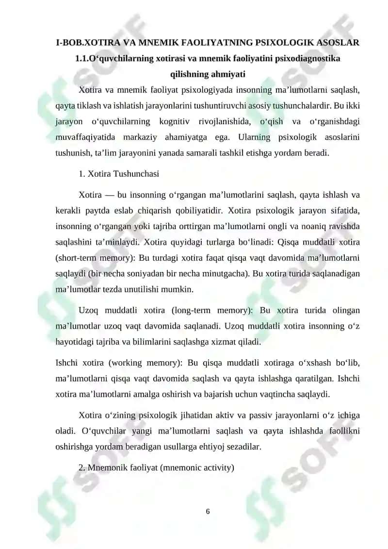 O‘QUVCHILARNING XOTIRASI VA MNEMIK FAOLIYAT DIAGNOSTIKASI 6
