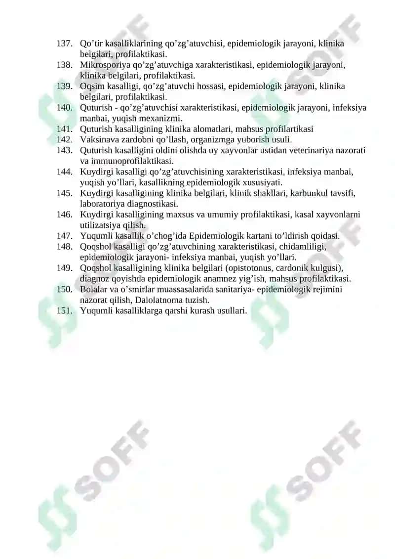 Tibbiy profilaktika ishi (Epidemiolog vrach yordamchilari uchun) mutaxassisligi bo'yicha shakllantirilgan og’zaki savollar ro'yxati 6