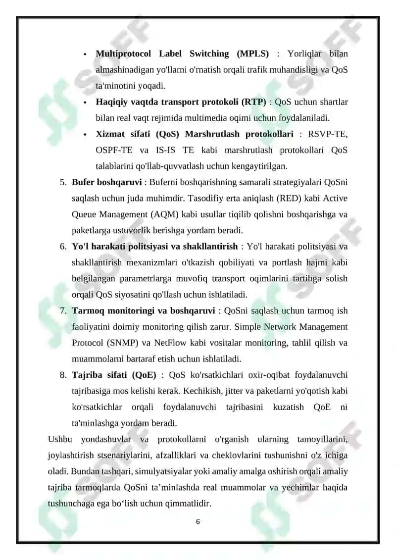 KAFOLATLANGAN XIZMAT MODELI. MULTIMEDIA ALOQA TARMOQLARIDA XIZMAT KO‘RSATISH SIFATI 6