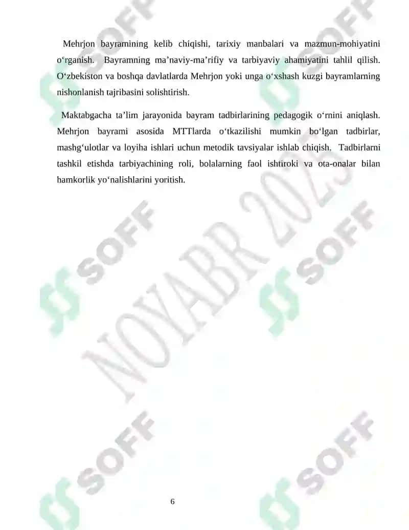 Maktabgacha ta’lim tashkilotlarida Mehrjon bayrami munosabati bilan ma’naviy-ma’rifiy tadbirlarni tashkil etish Mehrjon bayrami Loyiha ishi 6