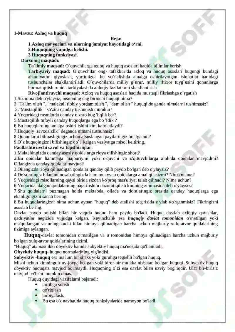 Huquq fani o’qituvchisi to’garak mashg’ulotlari ishlanmasi 6